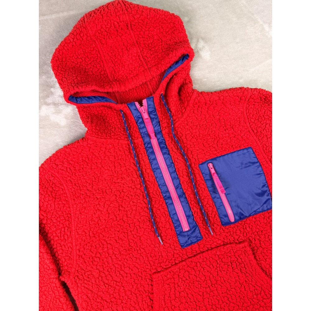 J Crew Vintage Fleece Half Zip Hoodie Red Pocket Size M Polartec Sherpa Popover - Picture 2 of 9